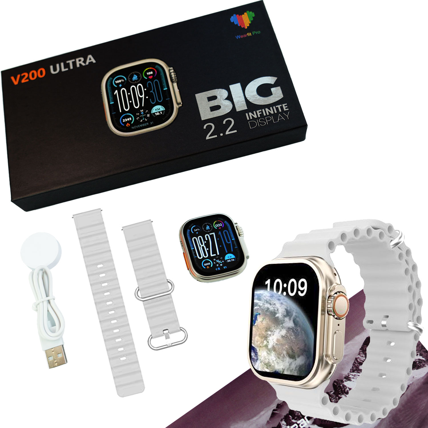 V200 New Fashion Ultra 2.2 Large Screen Ip68 Waterproof Sport Smart Watch With Wearfit Pro App
